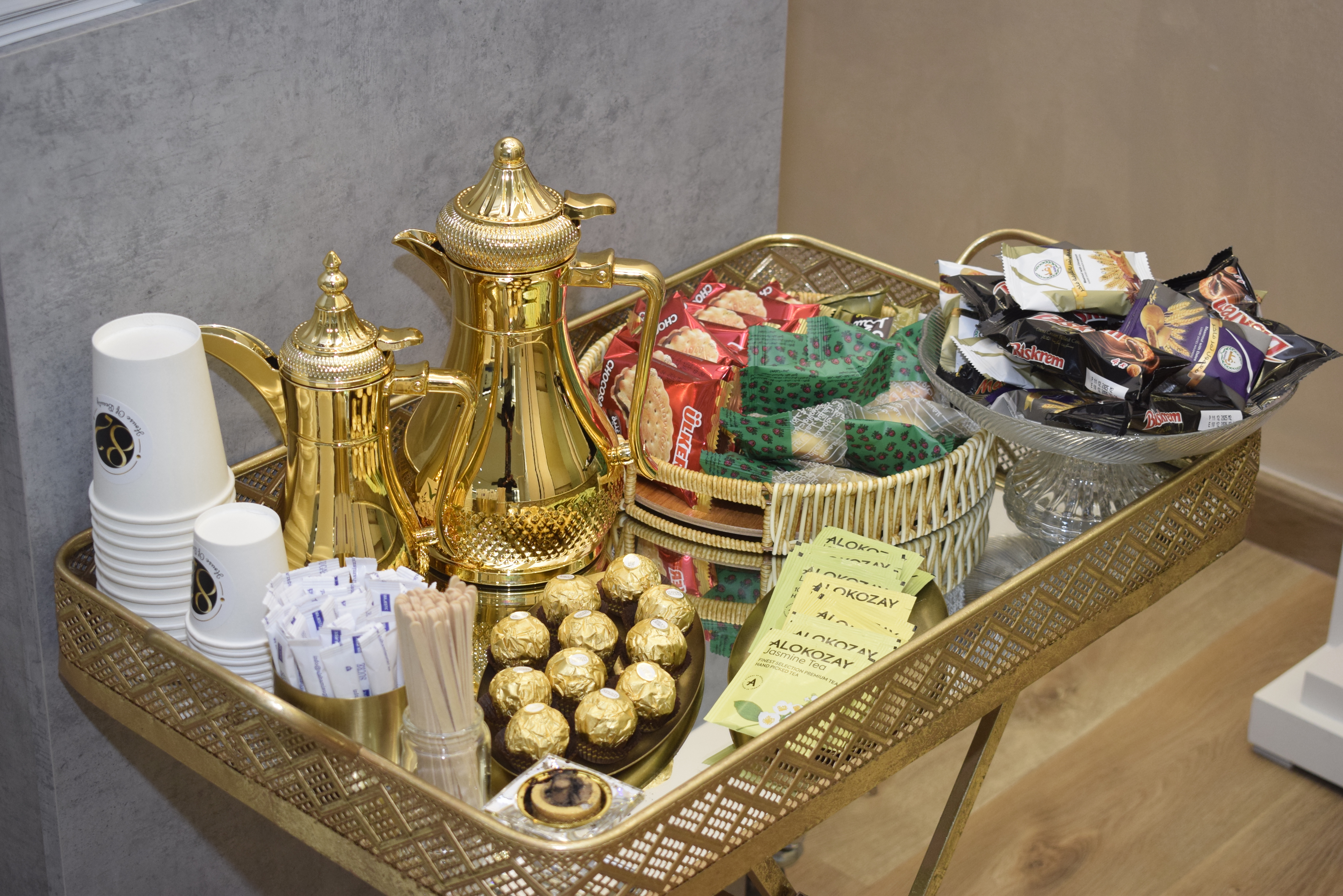 Refreshments cart with tea and treats